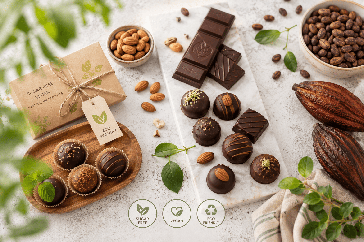 A clean and fresh scene showcasing healthy, eco-friendly chocolates